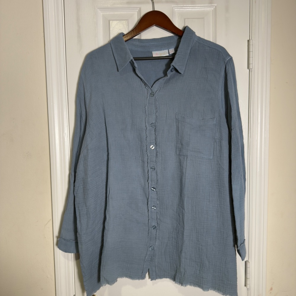 Belle by Kim Gravel Women's Top Blue Cotton Gauze Button Down Raw Hem – Size 2X‎ - Picture 2 of 9